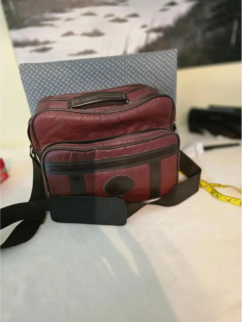 Vintage Burgundy Camera Camcorder Shoulder Bag Red Black Trim Blue Lining